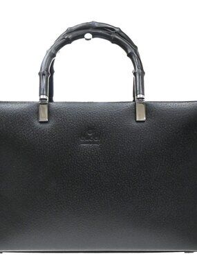GUCCI Logo Bamboo Hand Bag Leather Black SHW Italy 87MA809